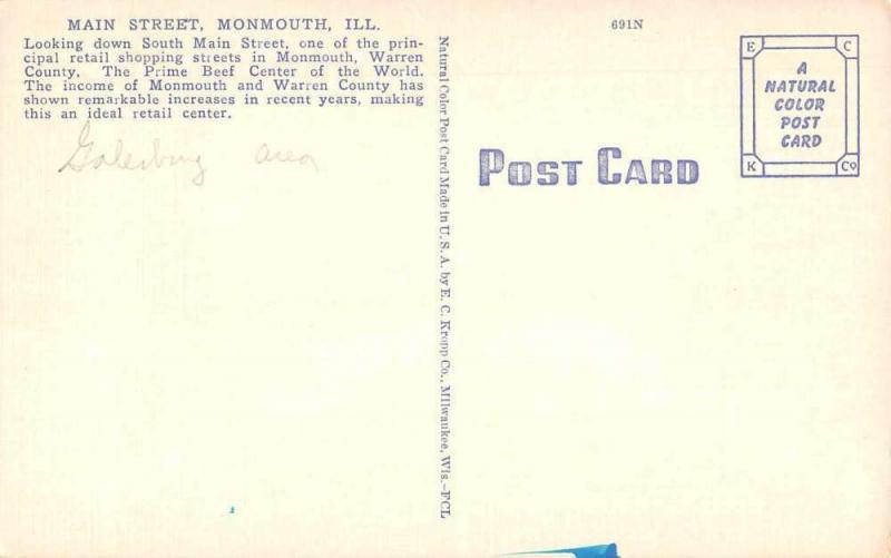 Monmouth Illinois Main Street Antique Postcard J48127