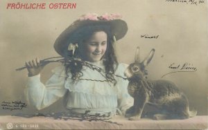 Easter greetings 1906 postcard adorable girl and rabbit sent via Oravita Romania