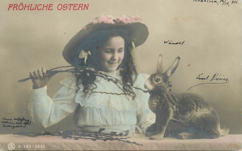 Easter greetings 1906 postcard adorable girl and rabbit sent via Oravita Romania