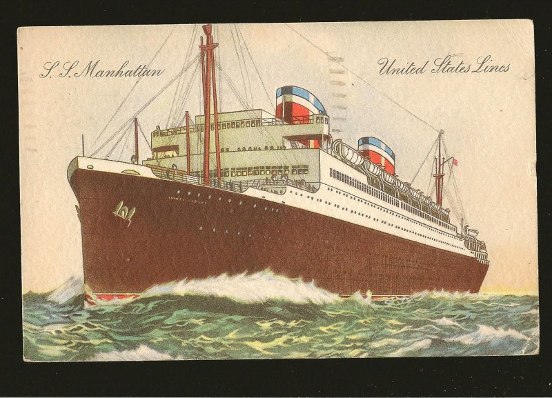 SS Manhattan United States Lines Color Postcard Posted 1944 Des Moines Iowa