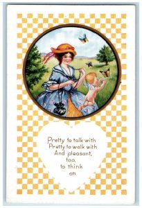 Valentine Postcard Heart Pretty Woman Cupid Angel Caching Butterflies Embossed