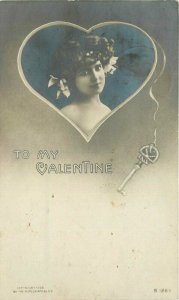 Beautiful Woman Key to heart Valentine Rotograph RPPC Photo Postcard 20-13077