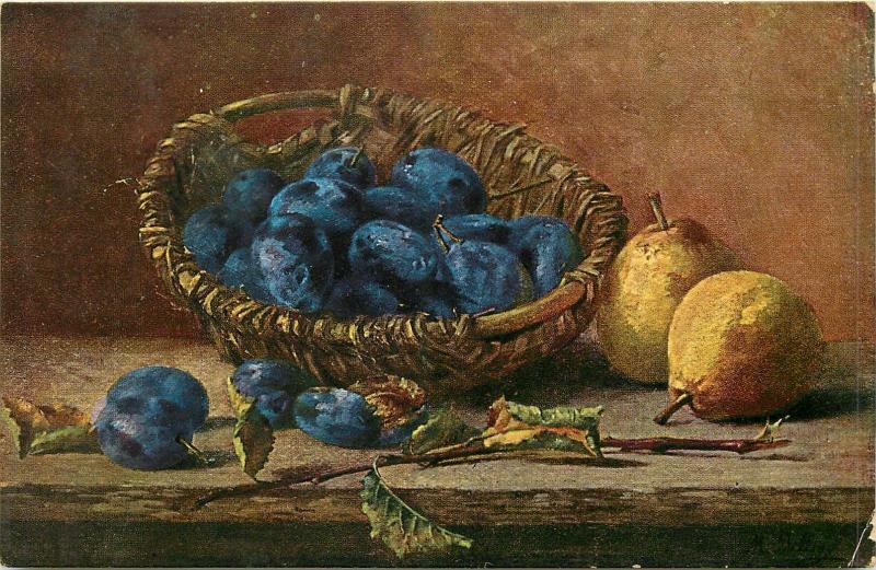 Still Life Plums and pears fruits Naverma-Waren vintage postcard