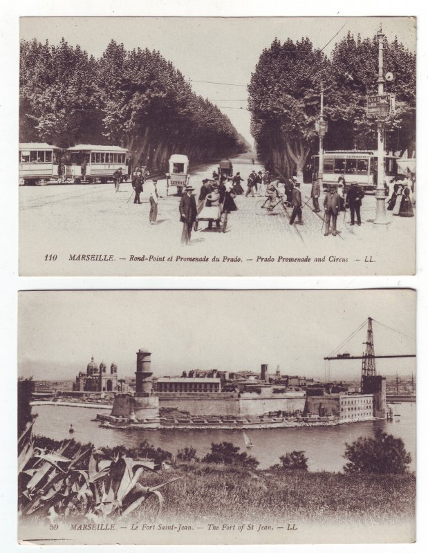 P1388 2 old unused postcard marseille views people trollies fort st jean france