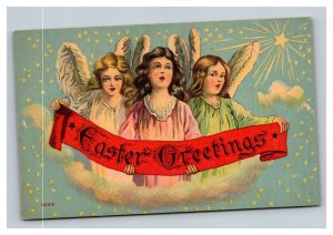 Vintage 1910's Winsch Back Easter Postcard Angels in the Clouds Red Banner NICE
