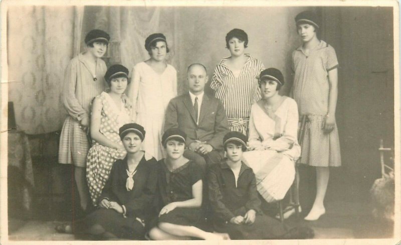 Early photo postcard social history girls group teacher ? possibly Romania