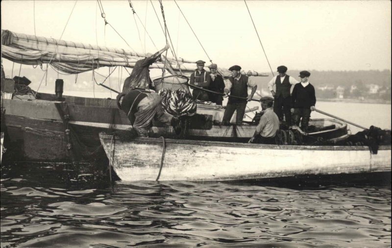 Maine Fishing Net Fishermen on Boat New Harbor Maine on Back RPPC c1930