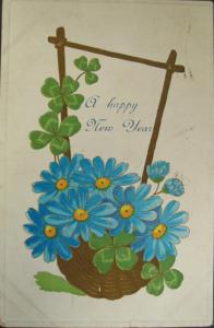New Year Greeting w Blue Flowers c1910 Postcard
