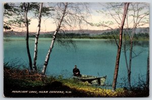 Concord New Hampshire~Man In Boat On Penacook Lake Seen From Shore~Vtg Postcard