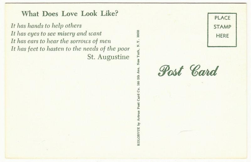 Strange 1960s Postcard What Does Love Look Like St Augustine Hands Eye Ear Foot