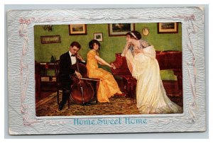 Vintage 1910's Comic Postcard - Woman Plays Piano Tuxedoed Man Plays Cielo NICE