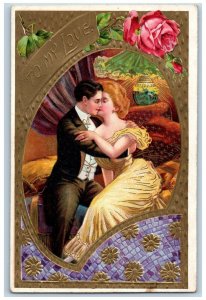 Romance Postcard Couple Kissing Roses Flowers Embossed c1910's Posted Antique