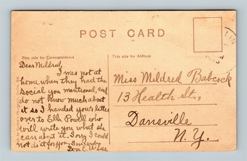 Postcard MD Berlin Maryland New M.E. Church c1910s Pub Farlow's Pharmacy W24