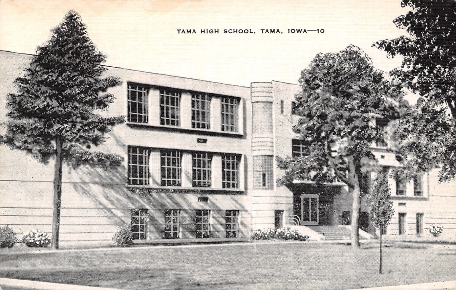 Tama IowaArt Deco High School Building in the ShadowsB&W Postcard