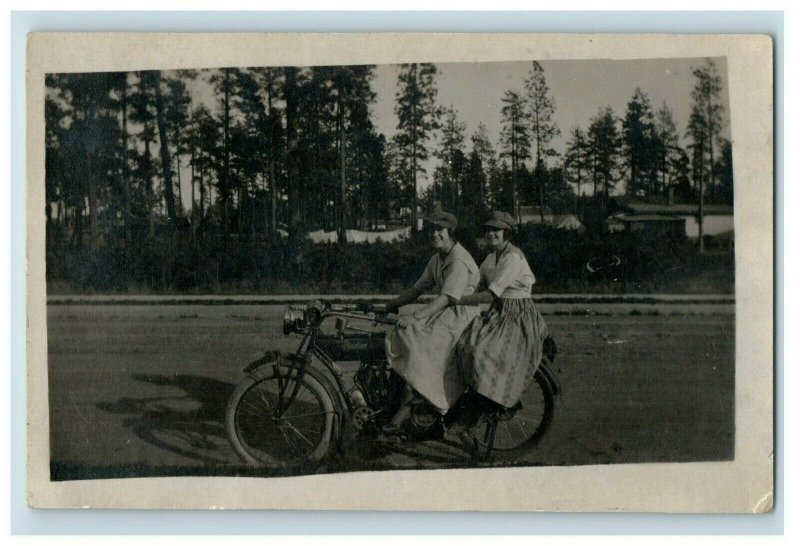 1910 Girls Sitting On Indian Motorcycle RPPC Real Photo Postcard P109
