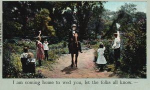 Vintage Postcard Man Coming Home To Wed Letting All Folks Know Romance