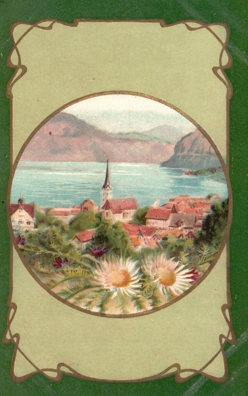 Vintage Postcard 1900s View of Beautiful Houses Blue Sea Water Mountains Nature