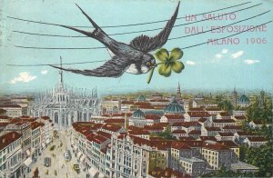 Italy Milan Exhibition 1906 greetings postcard luck shamrock swallow bird