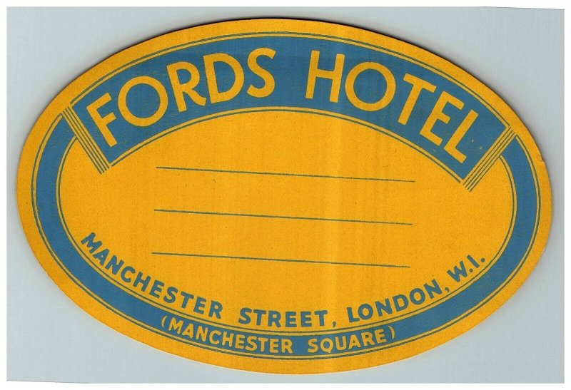 Fords Hotel Manchester Square Luggage Label Vtg Sticker Stamp Poster  