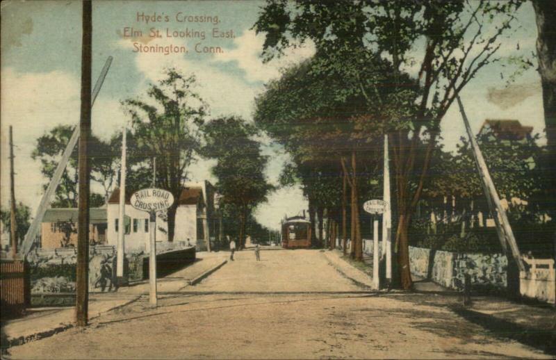 Stonington CT Hyde's Railroad RR Crossing Elm St. c1910 Postcard 