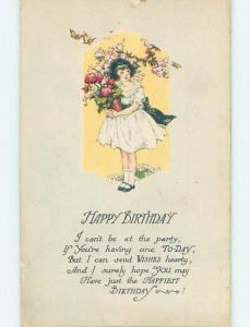 Pre-Linen BUTTERFLIES FLYING AROUND GIRL CARRYING POTTED FLOWERS HJ4283