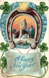 Vintage Postcard 1917 A Happy New Year Greetings Card Shoe Horse Shamrocks Star