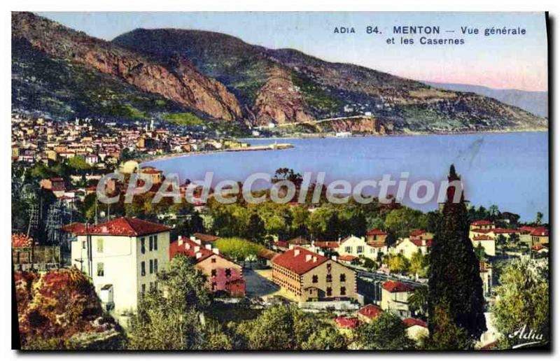 Old Postcard Menton General view and Barracks