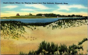 Vtg Plymouth Massachusetts MA Clark's Island Pilgrims First Sabbath Postcard