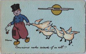 Boy With Geese F.Harvey Vintage Postcard 02.74