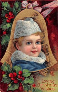 Christmas Greetings Boy with White Hat Bell Border Vintage Postcard AA41878