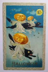 Halloween Postcard Barton Spooner Flying Goblins Black Cats Moon Embossed 1911 