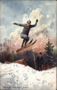 Tuck Winter Sports Canada Man Downhill Skiing High Jump c1910 Postcard