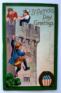St Patrick's Day Postcard Castle Climbers US Flag Embossed 1909 Series 400 MB