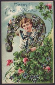 Happy New Year,Boy Holding Horseshoe,Clover