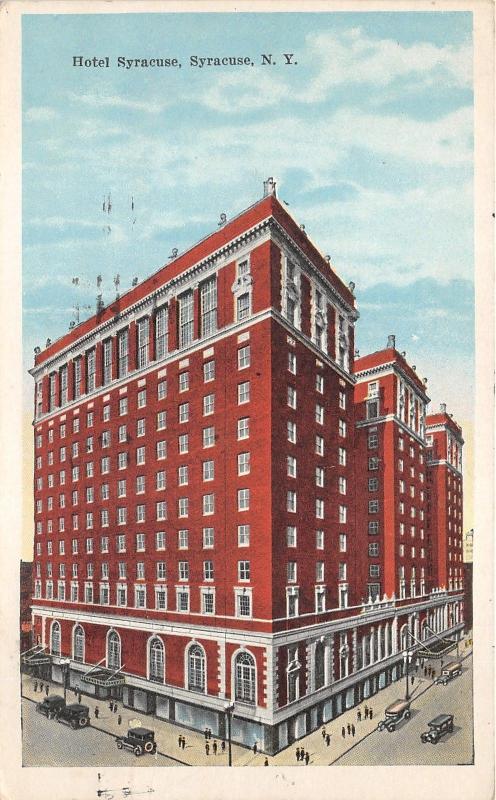 Syracuse New York~Hotel Syracuse~People & Cars along Sidewalk~1928 Postcard