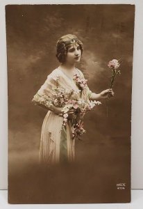 RPPC Art Nouveau Female Model Hand Tinted Photo REX no.4774 Postcard C4