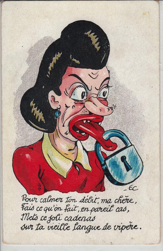 Frumpish ugly wife artist signed caricature viperine tongue lock