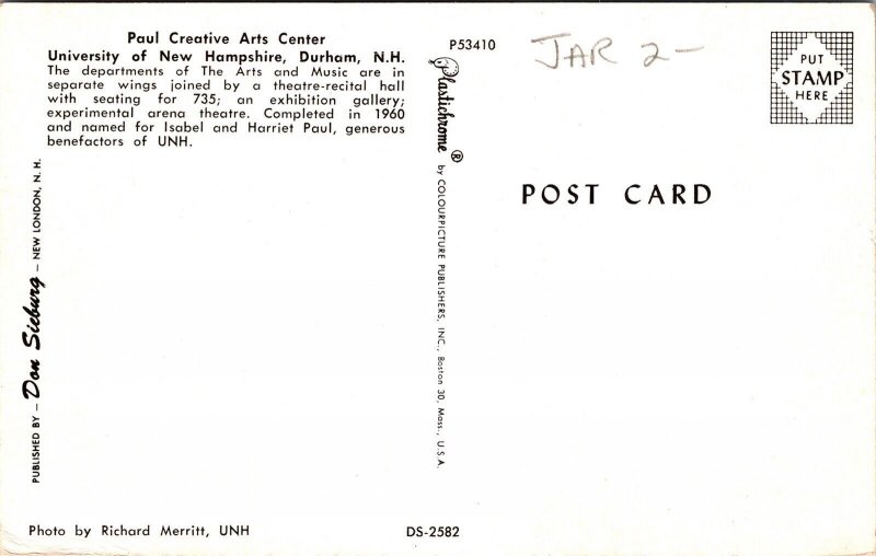 Paul Creative Arts Center University New Hampshire Durham NH Postcard VTG UNP  