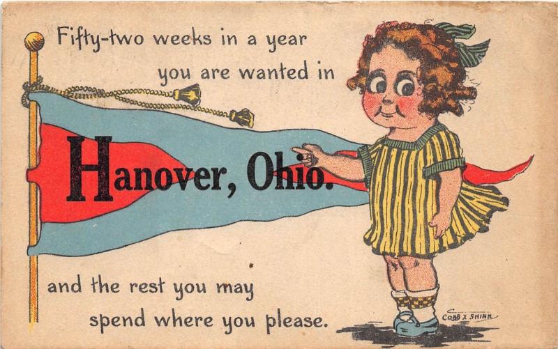 E52/ Hanover Ohio Postcard 1913 Pennant Greetings from Hanover