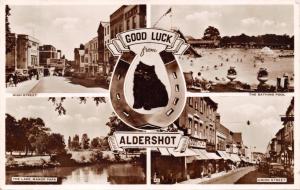 ALDERSHOT HAMPSHIRE UK~GOOD LUCK-MULTI PHOTO POSTCARD-STREETS-BATHING POOL-PARK