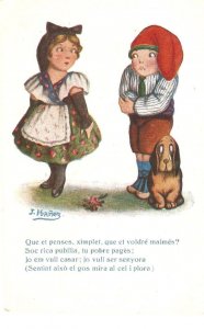 J. Ibañez.Caricature. Catalan couple. Dog Old vintage Spanish artist signed PC