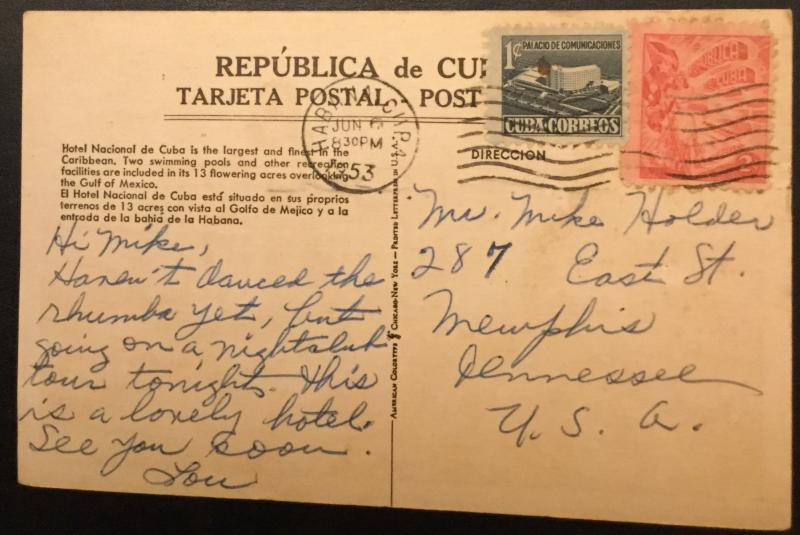 Postcard Used Hotel Nacional de Cuba W/Airplane Havana Cuba LB