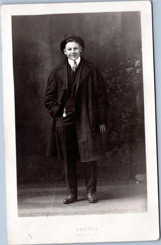 RPPC Hughes - portrait of young man in suit - Boone, Iowa - AZO 1904-1918