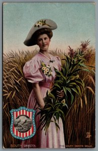 Postcard South Dakota c1908 The South Dakota Belle Holding Wheat Tuck Tucks