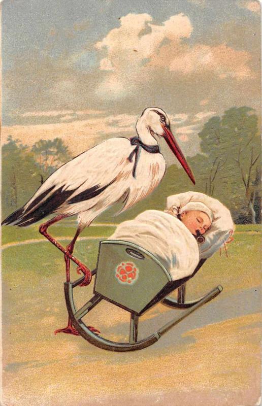 Greetings Stork Newborn baby Cradle PFB Antique Postcard J64441