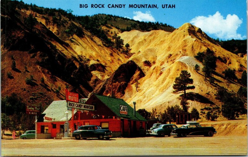Vtg Utah UT Big Rock Candy Mountain Motel Trading Post Cafe Cars 1950s Postcard