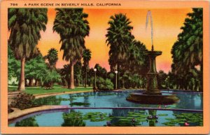 Vtg 1940's A Park Scene Beverly Hills California CA Linen Postcard