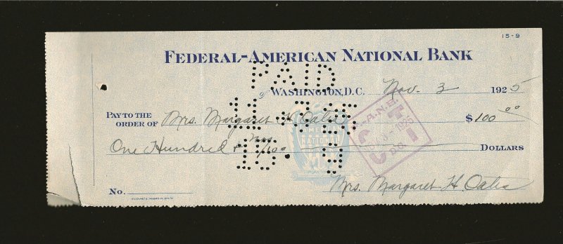 Federal American National Bank Washington DC 1925 Cancelled Check