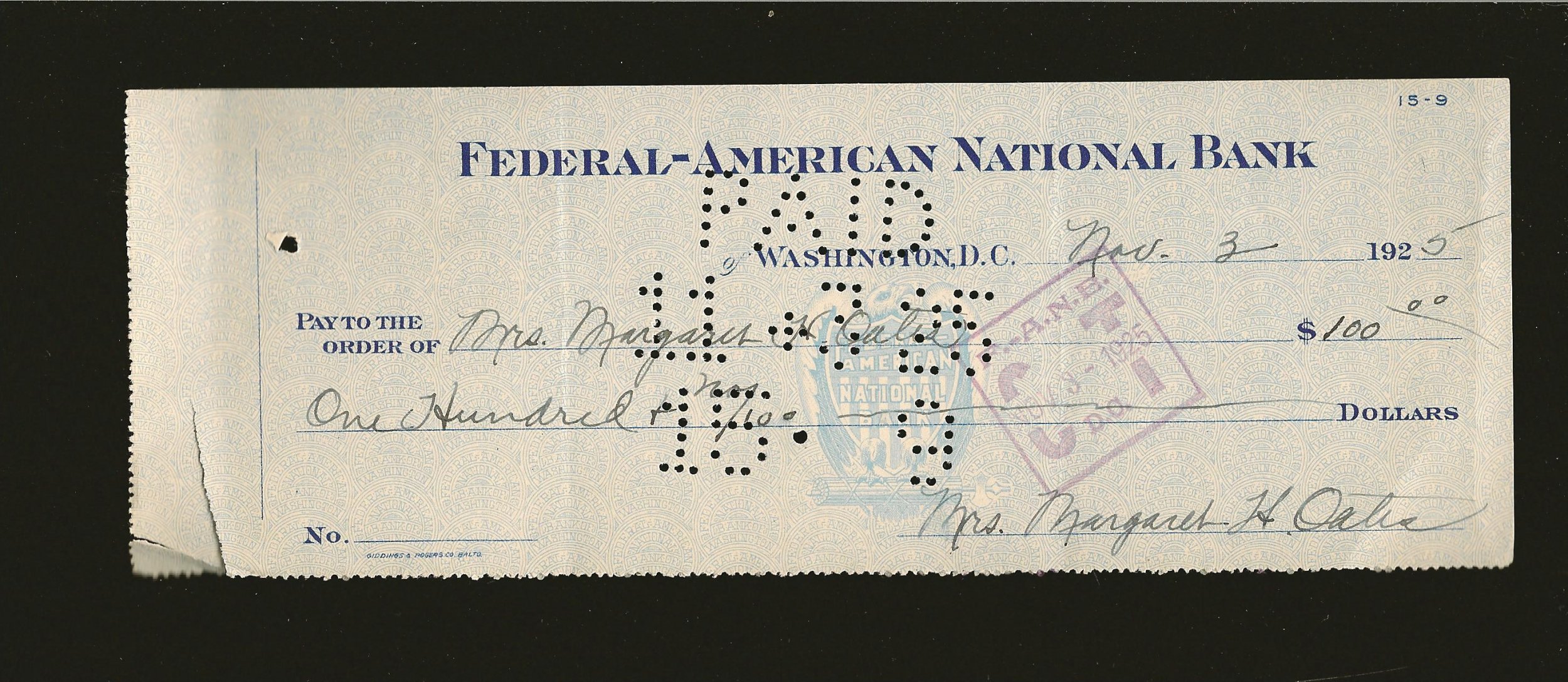 Federal American National Bank Washington DC 1925 Cancelled Check ...