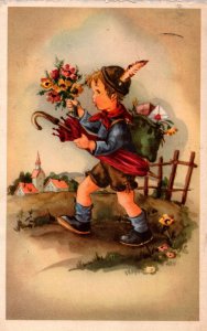 Boy With Flowers And Umbrella Vintage Postcard 09.88